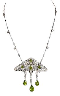 Platinum Peridot, Pearl and Diamond Brooch, with Diamond Chain