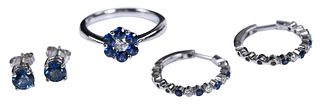 18kt. White Gold Sapphire and Diamond Ring and Two Pairs of Earrings