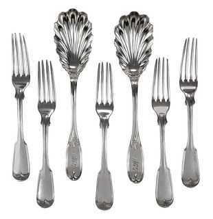 Seven Charleston Coin Silver Forks and Serving Spoons