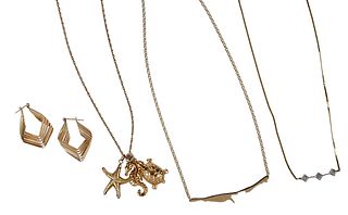 Collection of 14kt. Gold Jewelry, Three Necklaces and One Pair of Earrings
