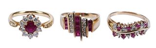 Three Yellow Gold, Ruby, and Diamond Rings