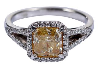 14kt. Fancy Yellow Diamond and White Diamond Halo Ring - GIA