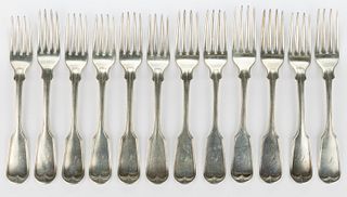 MITCHELL & TYLER, RICHMOND, VIRGINIA RETAILED COIN SILVER PLACE FORKS, ASSEMBLED SET OF 12
