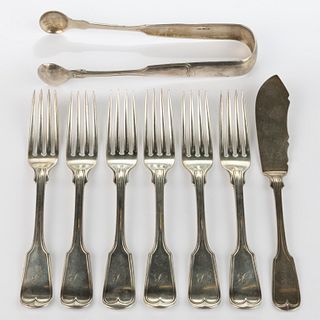 MITCHELL & TYLER, RICHMOND, VIRGINIA MADE / RETAILED STERLING FORKS AND COIN SILVER SERVING UTENSILS, LOT OF EIGHT