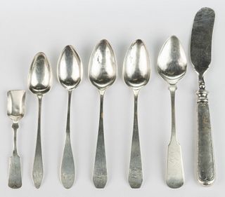 NEW YORK AND OTHER COIN SILVER SPOONS AND BUTTER SPREADER, LOT OF SEVEN
