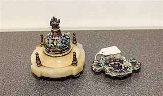 A Continental Champlevé Inkstand, 19TH/20TH CENTURY, together with a small champlevé tray.