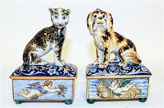 * A Pair of Italian Faience Figural Boxes Height 9 3/4 inches.