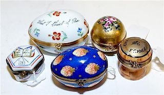 * A Group of Five Limoges Porcelain Boxes Width of largest 3 inches.