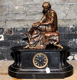 * A Continental Cast Metal and Marble Figural Mantel Clock Height 22 1/2 inches.
