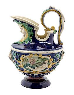 A Majolica Ewer Height 13 1/2 inches.