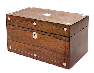 * A Regency Rosewood and Mother-of-Pearl Inlaid Tea Caddy Height 5 1/2 x width 9 7/8 x depth 5 1/2 inches.