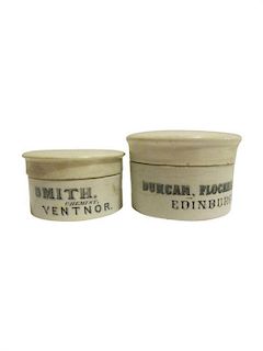 * Two English Porcelain Apothecary Pots Height of larger 1 3/4 x diameter 2 5/8 inches.