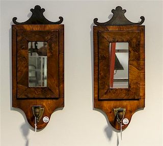 * A Pair of English Walnut and Brass Single Light Sconces Height 21 inches.