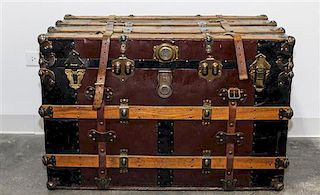 * A Steamer Trunk with Leather Straps. Height 24 x width 36 1/4 x depth 21 inches.