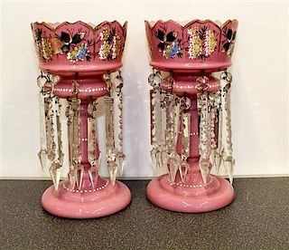 A Pair of Pink Mantle Lustres Height of 13 inches.