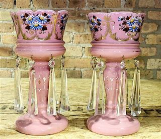 A Pair of Pink Mantle Lustres. Height 13 inches.