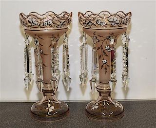 A Pair of Bohemian Pale Pink Glass Mantle Lustres. Height of 12 inches.