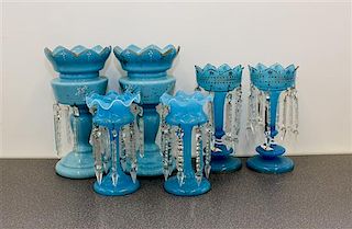 Two Pairs of Bohemian Glass Lustres Height of tallest 10 3/4 inches.