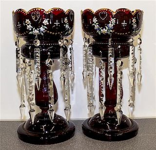 A Pair of Ruby Glass Mantle Lustres. Height of 13 inches.