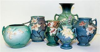 A Group of Six Roseville Pottery Items. Height of tallest 12 1/2 inches.