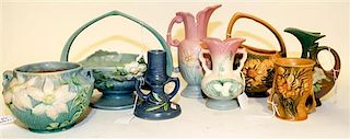 A Group of Seven Roseville Pottery Items. Height of tallest 8 inches.