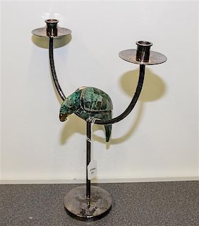 A Mexican Silver-Plate and Stone Two-Light Candelabra Height 16 inches.