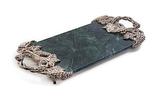 A Silver-Plate and Marble Fruit and Cheese Tray, , the handles decorated with vine and grape motifs, attached to a marble sla