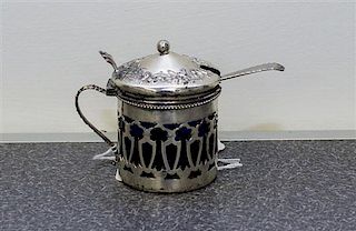 An American Silver and Glass-Inset Mustard Pot, , having a pierce decorated border with a cobalt blue glass insert, the spoon