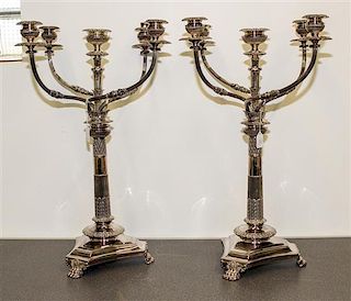 A Pair of Large Silver-Plate Five-Light Candelabra. Height 27 inches.