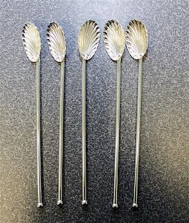 A Set of Sixteen Silver Ice Tea Spoons, probably Mexican, each having a rocaille bowl and a knopped stem.