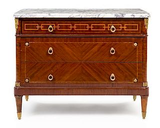 A Louis XVI Style Marquetry Commode Height 32 x width 40 x depth 19 1/2 inches.