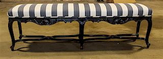 A Louis XV Style Black Painted Bench Width 65 inches.