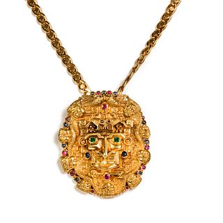Multi Color Mayan Figure Head Pendant with Chain 