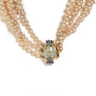 Triple Strand Pearl Necklace with Sapphire Clasp