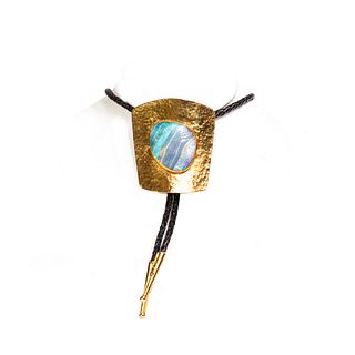 Vintage Native American Opal Shield Bolo Tie with Gold Tips