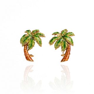 Palm Tree Enamel and Gold Earrings 