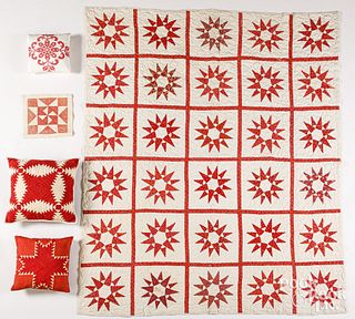 Red and white Mariners Compass quilt, etc.