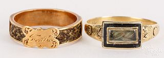 Two Victorian 14K-18K gold hairwork rings