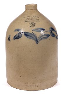 STAMPED "I. SEYMOUR / TROY FACTORY", NEW YORK MERCHANT'S DECORATED STONEWARE JUG