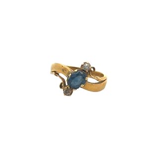 Art Nouveau 18k Gold Ring with Diamonds & Sapphire