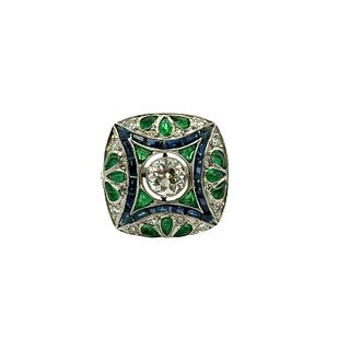 Platinum Deco style Ring with Diamonds, Sapphires & Emeralds