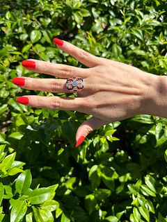 Platinum Deco style Ring with Diamonds, Coral & Onyx