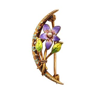Krementz 1905 Art Nouveau Enameled Pin Brooch in 18K Gold With Natural Pearl