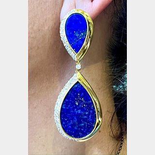 14K Yellow Gold Lapis Lazuli & Diamond Chandelier Earrings