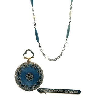 Edwardian Automatic Watch-Pendant In Guilloche 18Kt Gold Platinum And Diamonds with A Chatelaine Chain