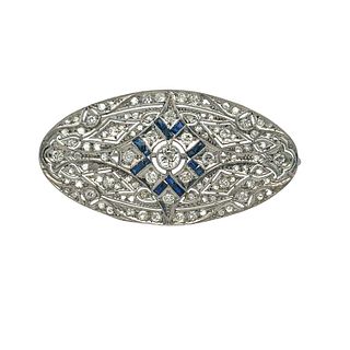 Art Deco Platinum Plaque Brooch with Diamonds & Sapphires