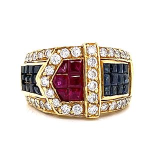 18K Yellow Gold Ruby, Sapphire, and Diamond Ring