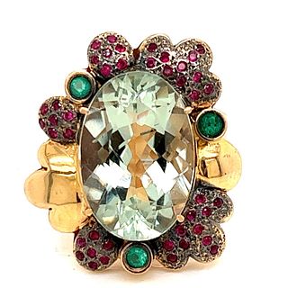 18K Gold GIA Certified Natural Quartz, Ruby, and Emerald Ring