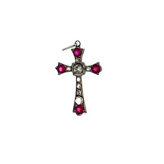 Antique 18k Gold Pendant Cross with Diamonds & synthetic Rubies