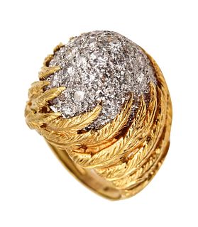 Mid Century Bombe Cocktail Ring In 18K Gold & Platinum With 4.42 Ctw Diamonds